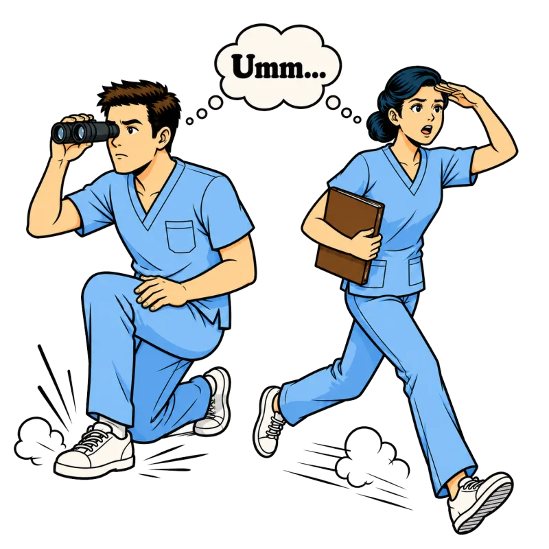 院内で医師を探し回る看護師のイラスト