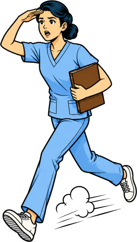 書類を抱え、医師を探しながら走る看護師のイラスト