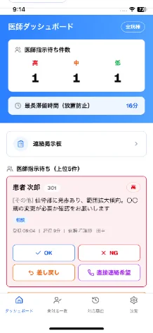 医師ダッシュボードの画面。指示待ち件数と、OK・NG・差し戻しの操作ボタンが表示されている